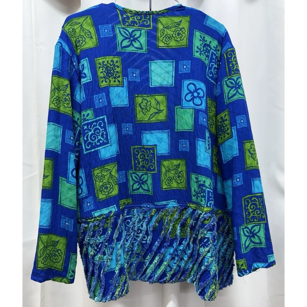 FIBER ARTIST Sz‎ L ? Shirred Floral Textile Art 2 Wear Jacket Blue Green